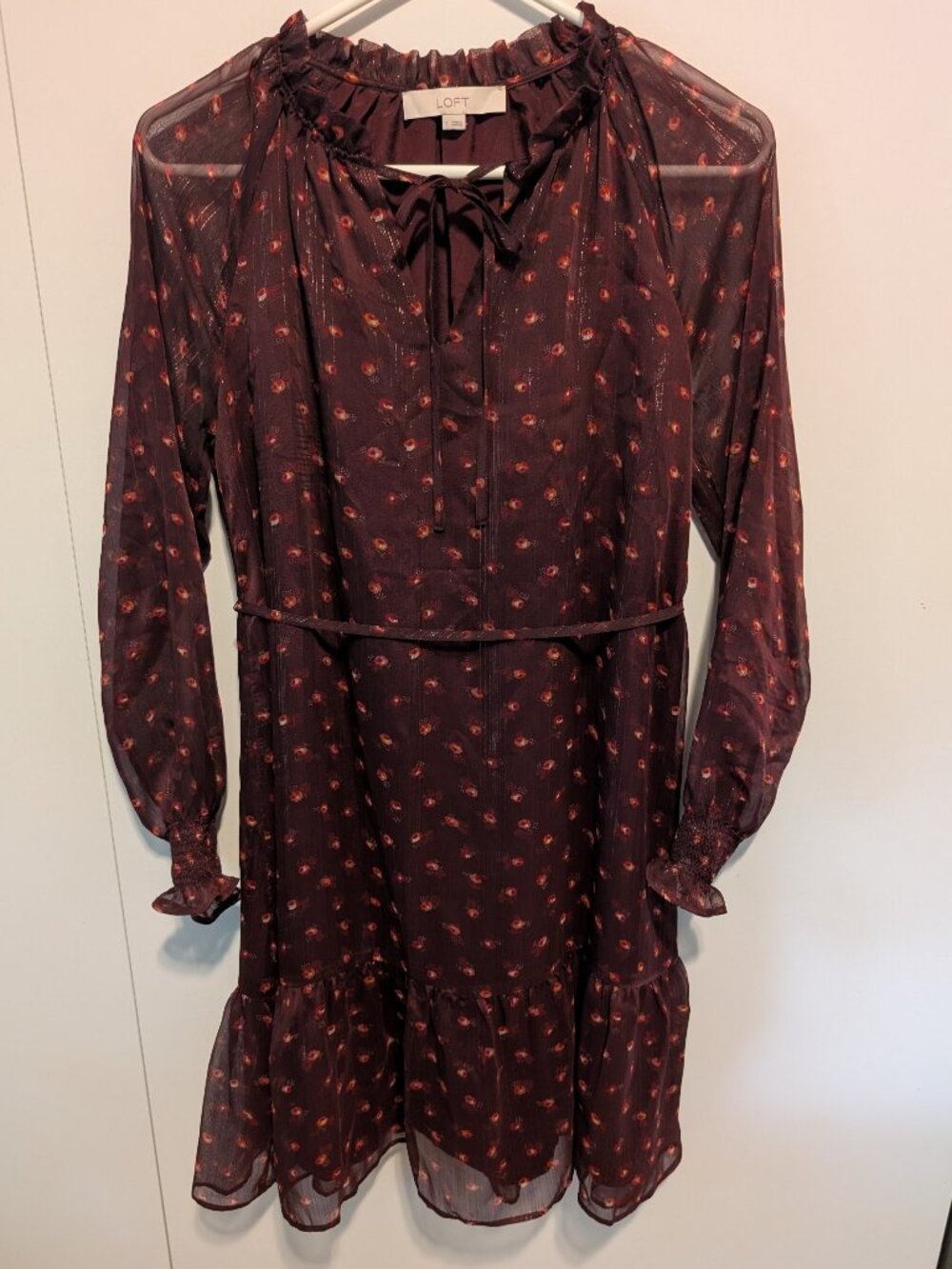 LOFT Shimmer Floral Ruffle Tie Neck Mini Dress in burgundy/cranberry red - S
